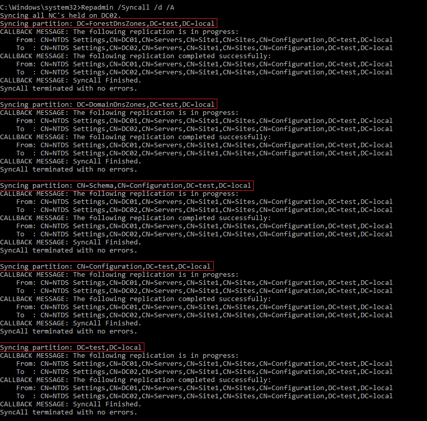 Replicating all naming contexts for DCs in a single site with repadmin